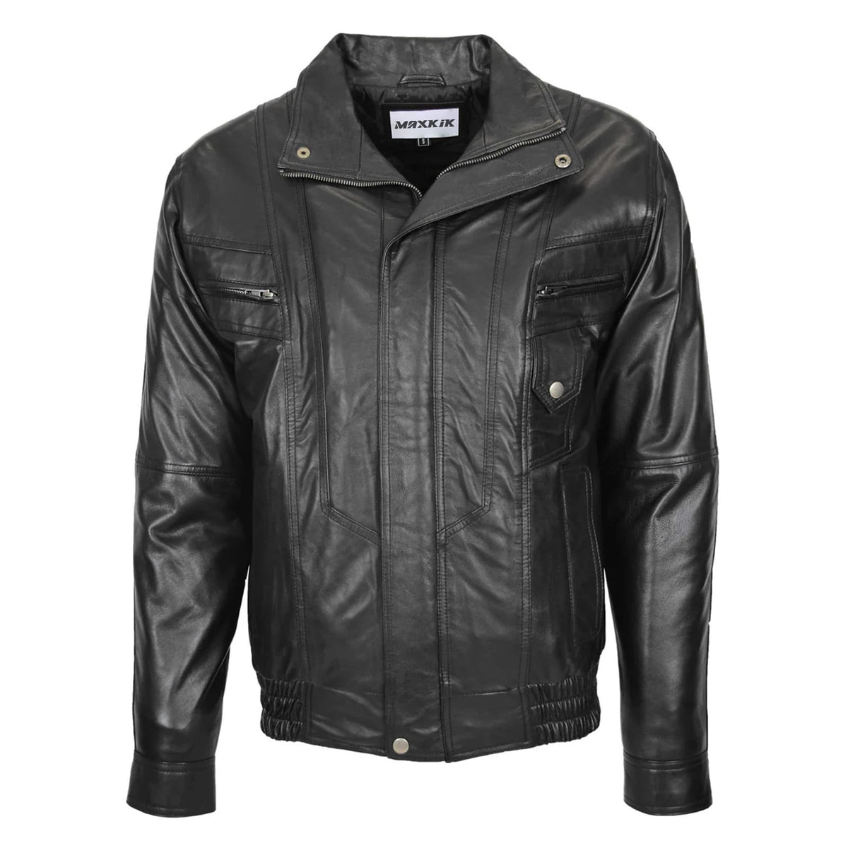 Maxkik Men’s Leather Bomber Blouson Jacket Black Soft Leather Casual Jacket