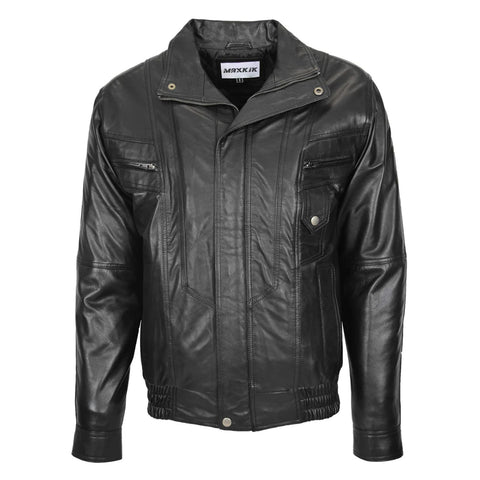 Maxkik Men’s Leather Bomber Blouson Jacket Black Soft Leather Casual Jacket