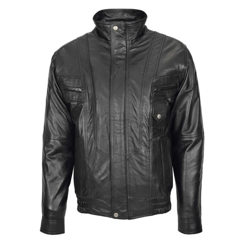 Maxkik Men’s Leather Bomber Blouson Jacket Black Soft Leather Casual Jacket