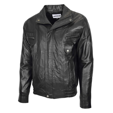 Maxkik Men’s Leather Bomber Blouson Jacket Black Soft Leather Casual Jacket