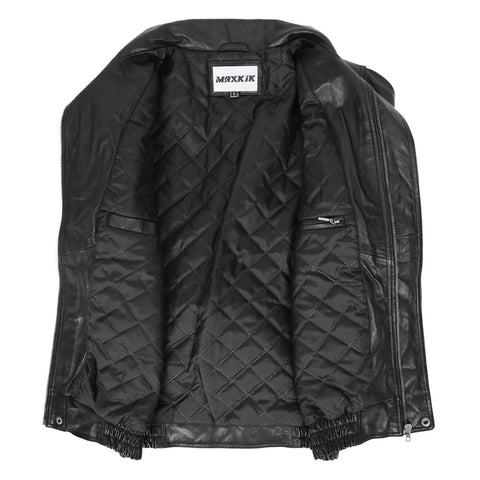 Maxkik Men’s Leather Bomber Blouson Jacket Black Soft Leather Casual Jacket
