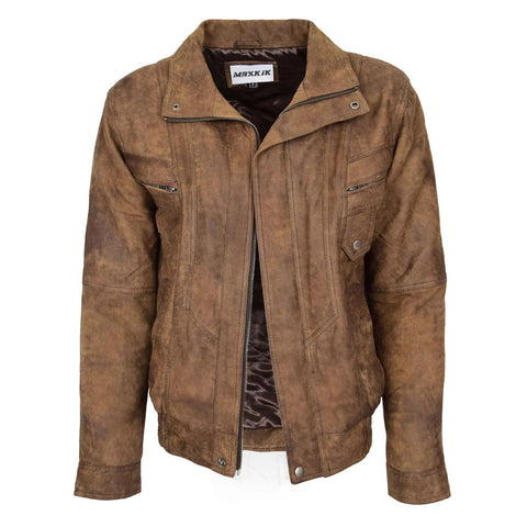 Maxkik Men’s Leather Bomber Blouson Jacket Brown Soft Leather Casual Jacket