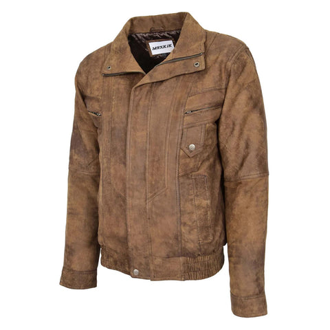 Maxkik Men’s Leather Bomber Blouson Jacket Brown Soft Leather Casual Jacket