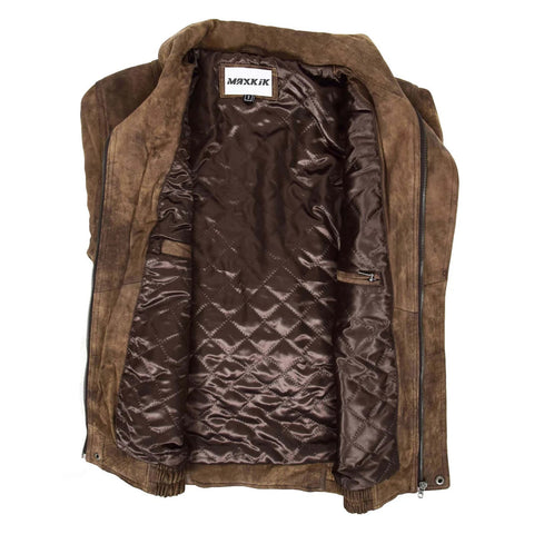 Maxkik Men’s Leather Bomber Blouson Jacket Brown Soft Leather Casual Jacket
