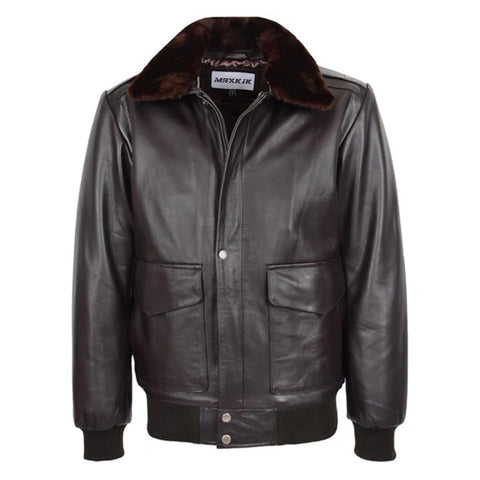 Maxkik Men’s Leather Bomber Jacket G-1 Aviator Style Brown Leather Jacket