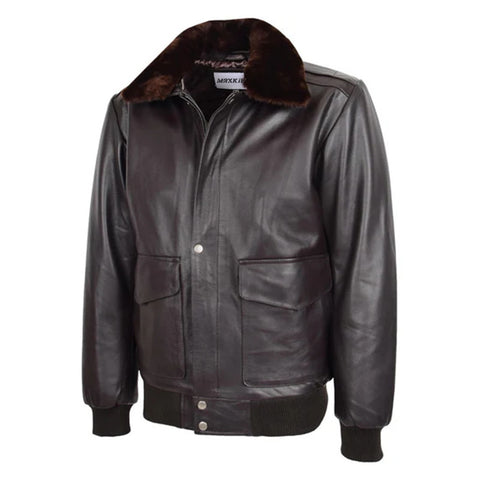 Maxkik Men’s Leather Bomber Jacket G-1 Aviator Style Brown Leather Jacket
