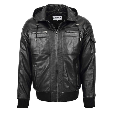 Maxkik Mens Leather Bomber Jacket with Hoodie Black Leather Jacket