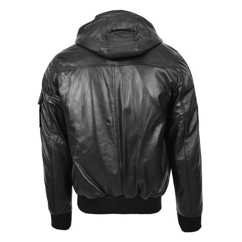 Maxkik Mens Leather Bomber Jacket with Hoodie Black Leather Jacket