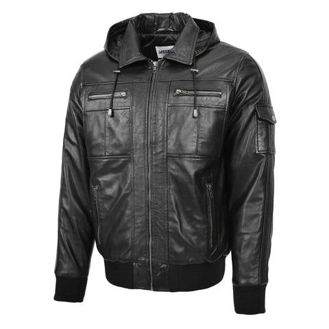 Maxkik Mens Leather Bomber Jacket with Hoodie Black Leather Jacket