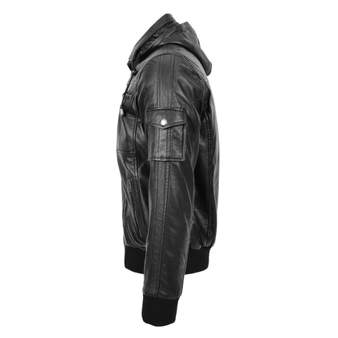 Maxkik Mens Leather Bomber Jacket with Hoodie Black Leather Jacket