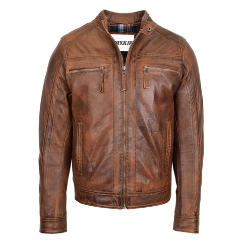 Maxkik Men’s Leather Biker Jacket Brown Cafe Racer Motorcycle Jacket