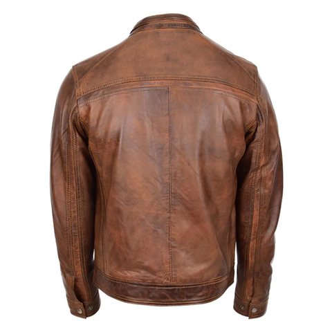Maxkik Men’s Leather Biker Jacket Brown Cafe Racer Motorcycle Jacket