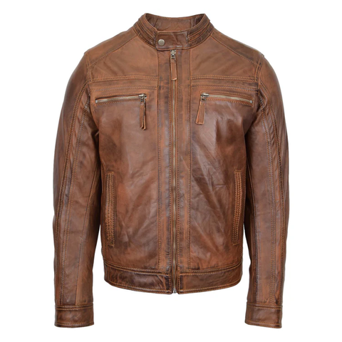 Maxkik Men’s Leather Biker Jacket Brown Cafe Racer Motorcycle Jacket