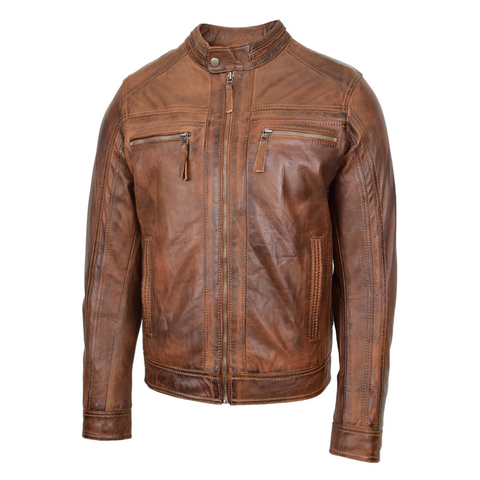 Maxkik Men’s Leather Biker Jacket Brown Cafe Racer Motorcycle Jacket