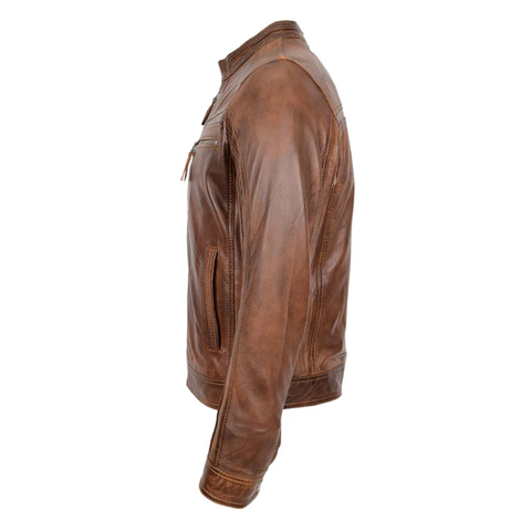 Maxkik Men’s Leather Biker Jacket Brown Cafe Racer Motorcycle Jacket