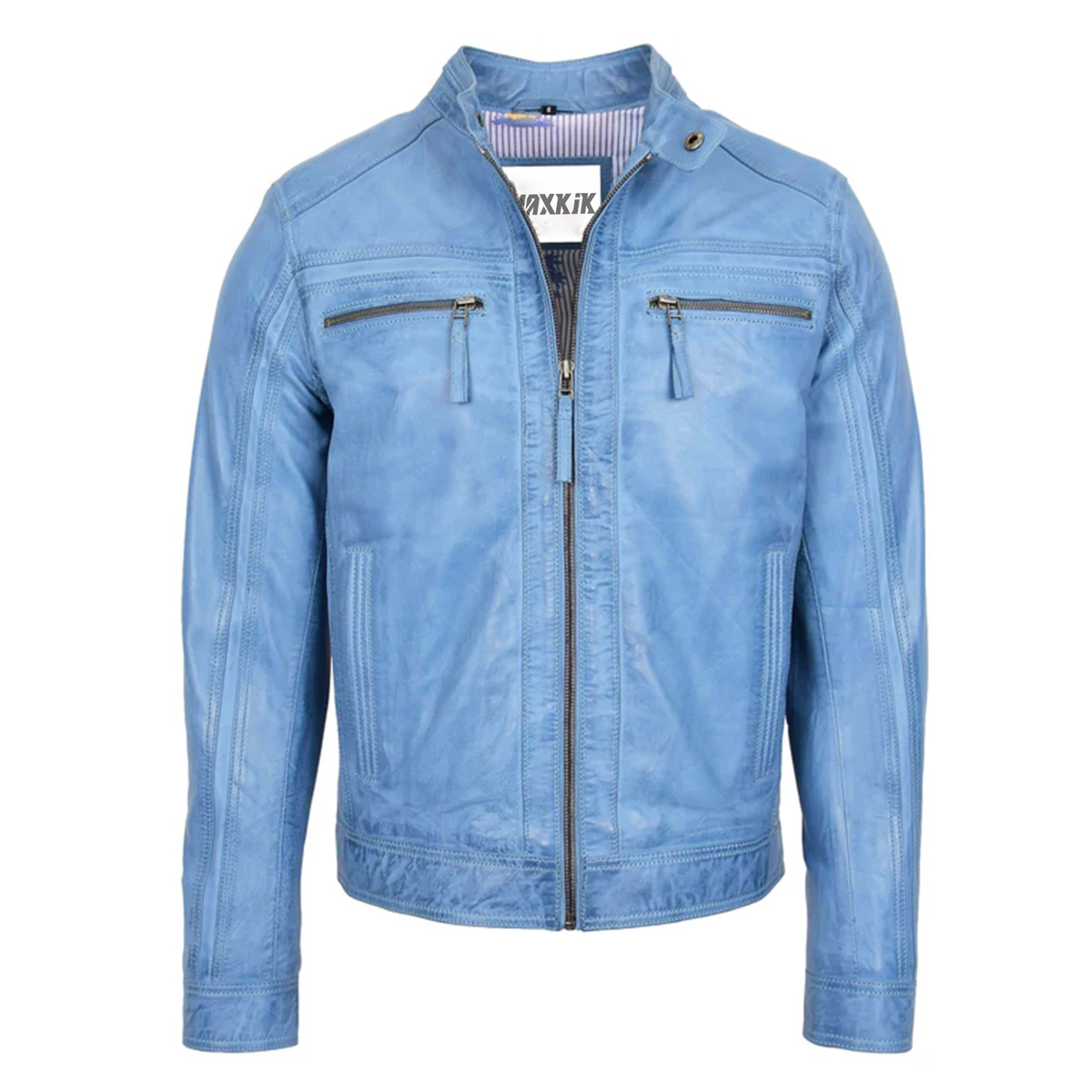Maxkik Men’s Leather Biker Jacket Sky Blue Cafe Racer Jacket
