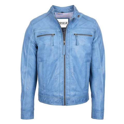 Maxkik Men’s Leather Biker Jacket Sky Blue Cafe Racer Jacket