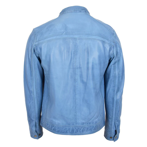 Maxkik Men’s Leather Biker Jacket Sky Blue Cafe Racer Jacket