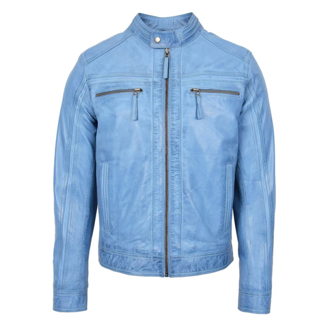 Maxkik Men’s Leather Biker Jacket Sky Blue Cafe Racer Jacket