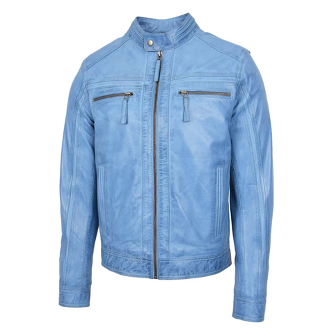Maxkik Men’s Leather Biker Jacket Sky Blue Cafe Racer Jacket