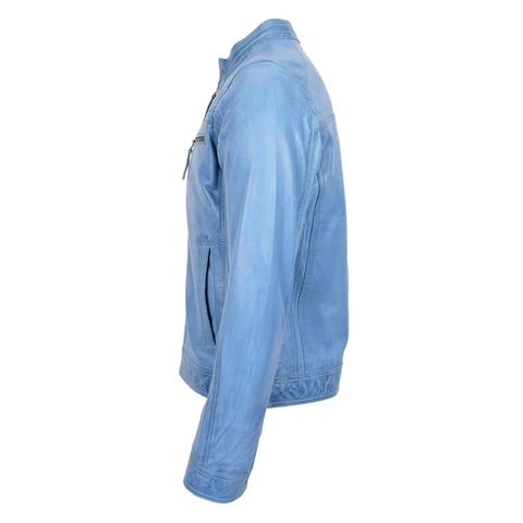Maxkik Men’s Leather Biker Jacket Sky Blue Cafe Racer Jacket