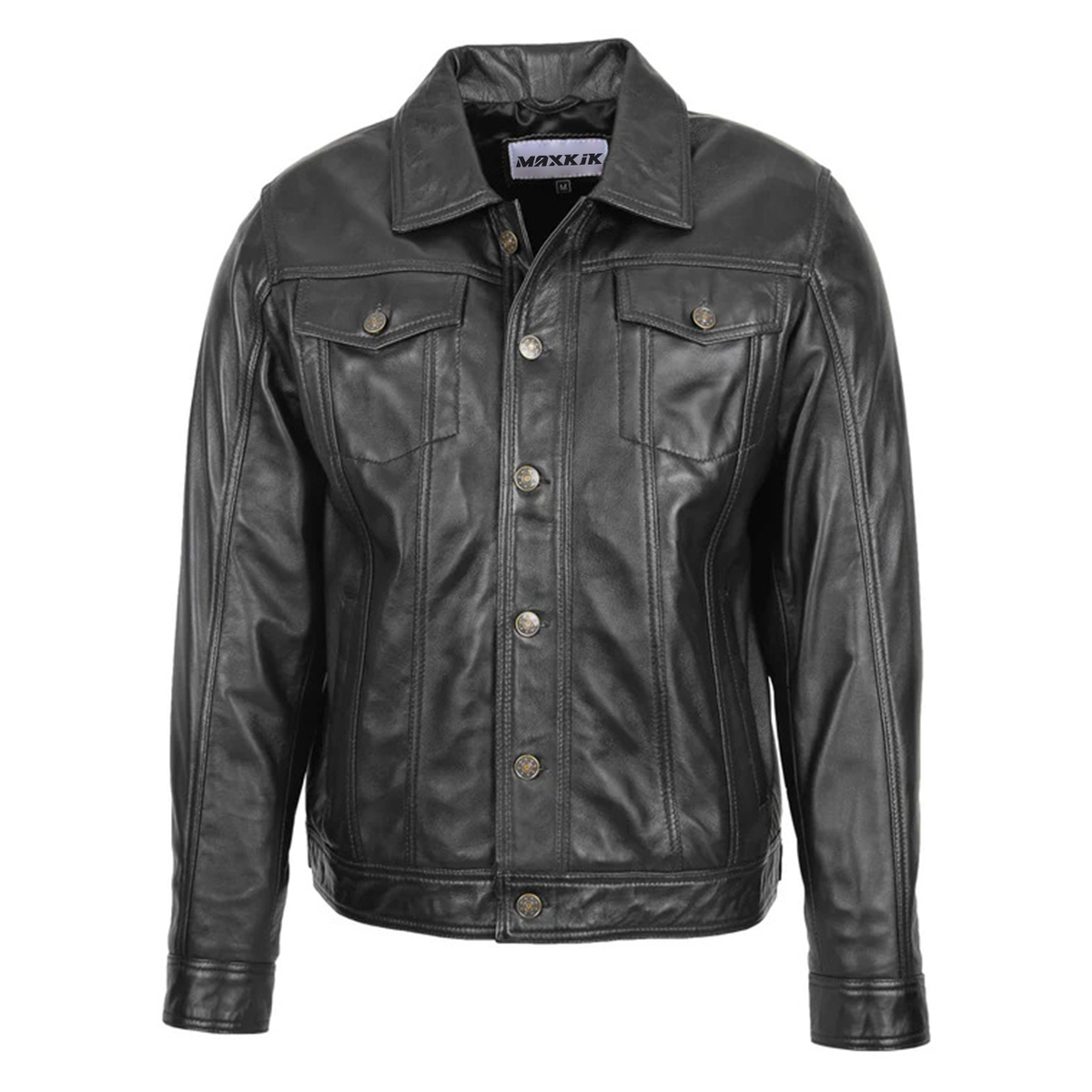 Maxkik Men’s Rider Leather Jacket Black Casual Button Leather Coat