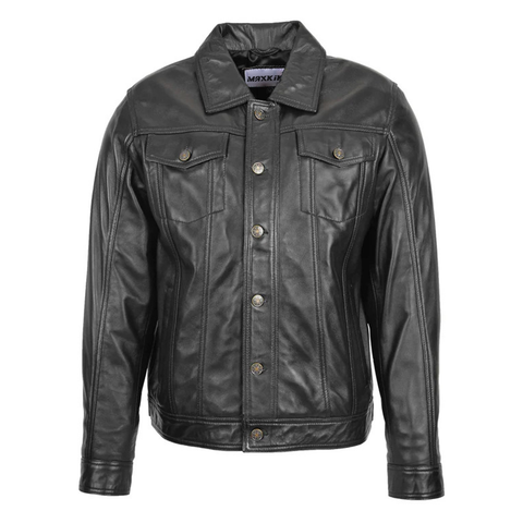 Maxkik Men’s Rider Leather Jacket Black Casual Button Leather Coat
