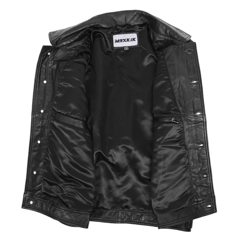 Maxkik Men’s Rider Leather Jacket Black Casual Button Leather Coat