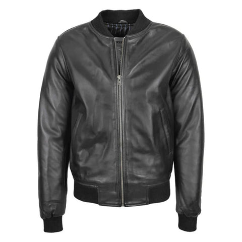 Maxkik Men’s Leather MA-1 Bomber Jacket Black Leather Flight Jacket