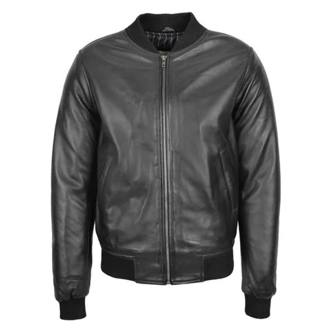 Maxkik Men’s Leather MA-1 Bomber Jacket Black Leather Flight Jacket