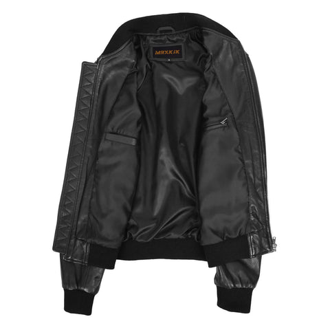 Maxkik Men’s Leather MA-1 Bomber Jacket Black Leather Flight Jacket