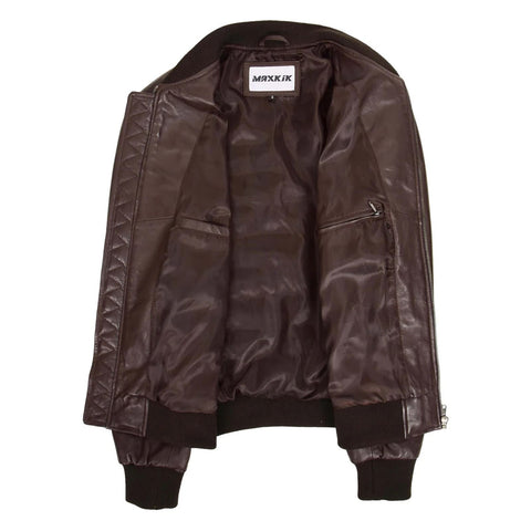 Maxkik Men’s Leather MA-1 Bomber Jacket Brown Leather Flight Jacket