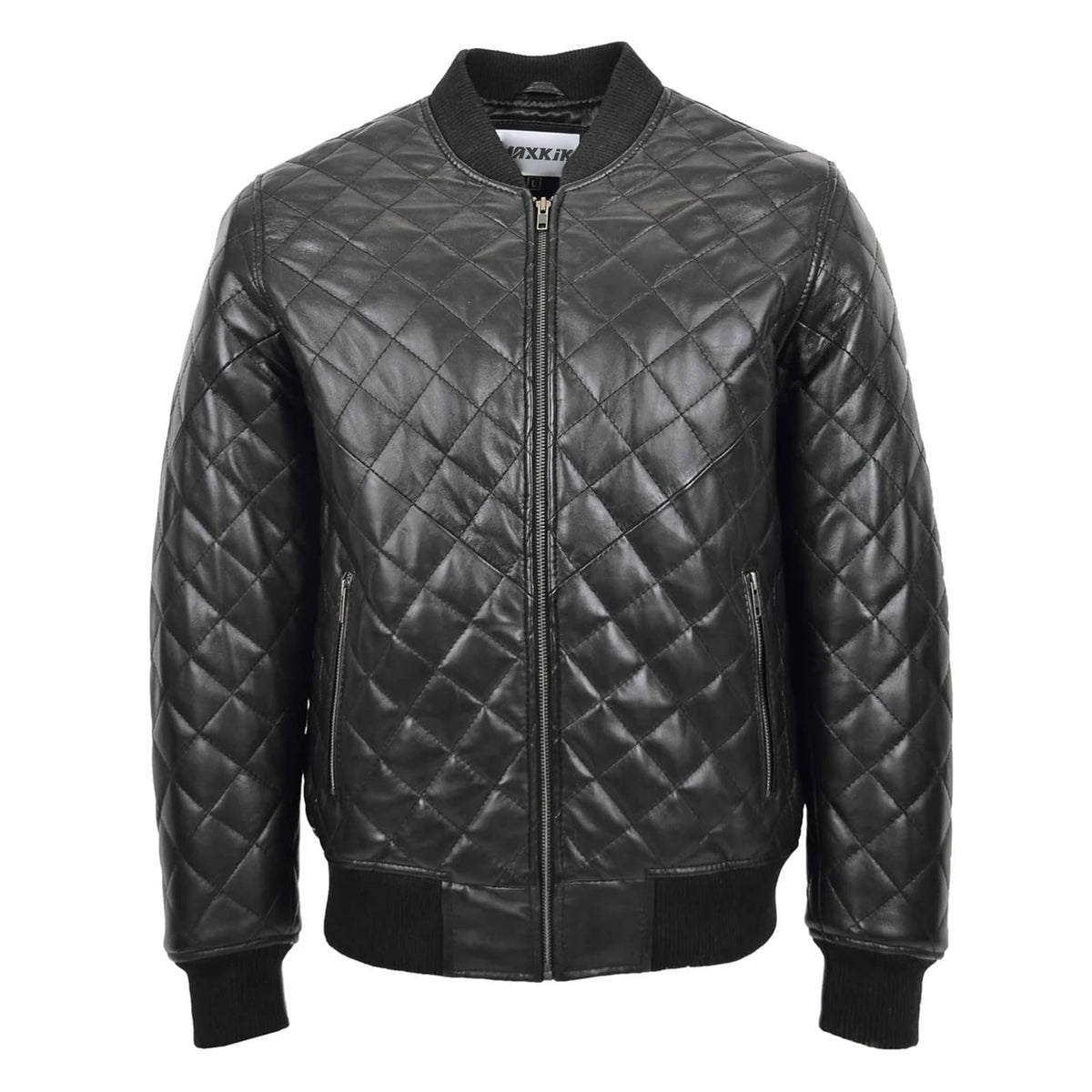 Maxkik Men’s Leather Quilted Bomber Jacket Black Zip-Up Casual Jacket