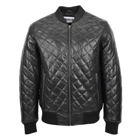 Maxkik Men’s Leather Quilted Bomber Jacket Black Zip-Up Casual Jacket