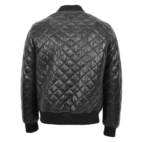 Maxkik Men’s Leather Quilted Bomber Jacket Black Zip-Up Casual Jacket