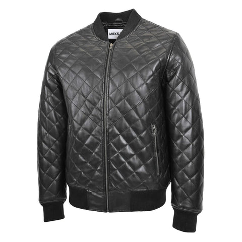 Maxkik Men’s Leather Quilted Bomber Jacket Black Zip-Up Casual Jacket