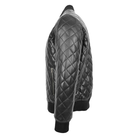 Maxkik Men’s Leather Quilted Bomber Jacket Black Zip-Up Casual Jacket