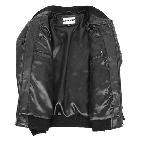 Maxkik Men’s Leather Quilted Bomber Jacket Black Zip-Up Casual Jacket