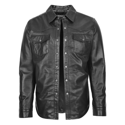 Maxkik Men’s Leather Trucker Shirt Black Leather Motorcycle Jacket