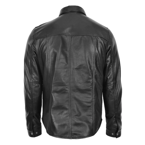 Maxkik Men’s Leather Trucker Shirt Black Leather Motorcycle Jacket