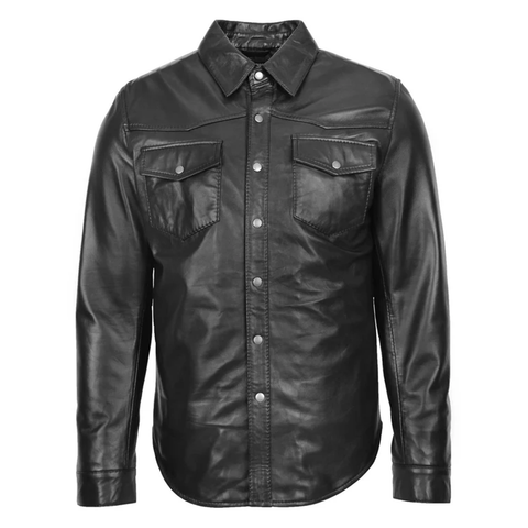 Maxkik Men’s Leather Trucker Shirt Black Leather Motorcycle Jacket