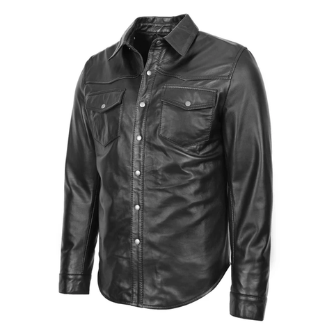 Maxkik Men’s Leather Trucker Shirt Black Leather Motorcycle Jacket