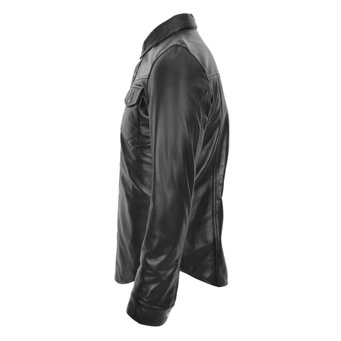 Maxkik Men’s Leather Trucker Shirt Black Leather Motorcycle Jacket