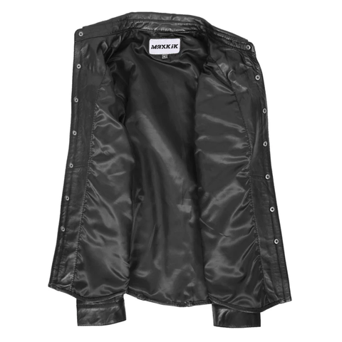 Maxkik Men’s Leather Trucker Shirt Black Leather Motorcycle Jacket