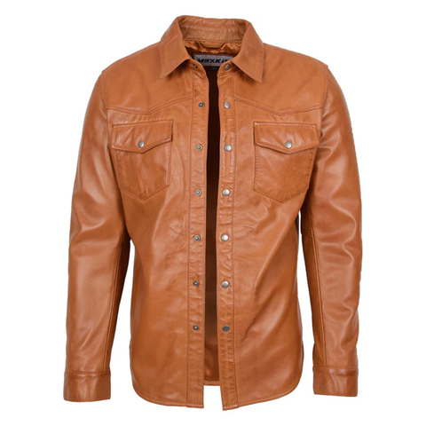 Maxkik Men’s Leather Trucker Shirt Tan Leather Motorcycle Jacket
