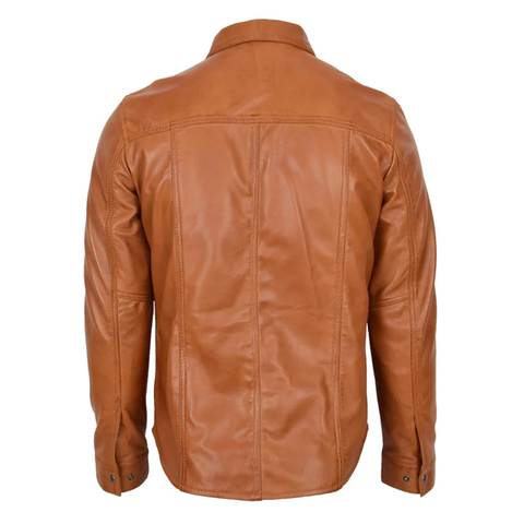 Maxkik Men’s Leather Trucker Shirt Tan Leather Motorcycle Jacket