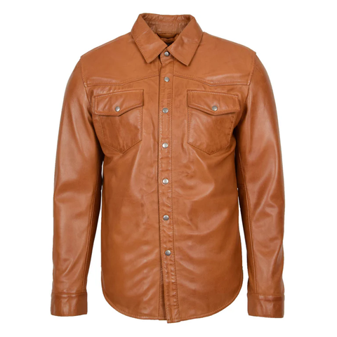Maxkik Men’s Leather Trucker Shirt Tan Leather Motorcycle Jacket