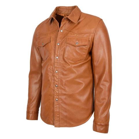 Maxkik Men’s Leather Trucker Shirt Tan Leather Motorcycle Jacket
