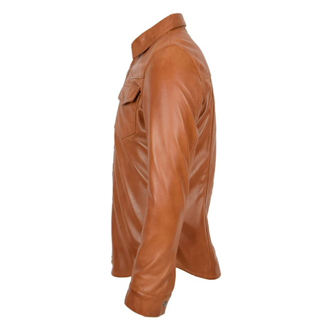 Maxkik Men’s Leather Trucker Shirt Tan Leather Motorcycle Jacket
