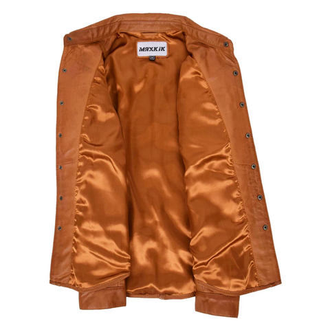 Maxkik Men’s Leather Trucker Shirt Tan Leather Motorcycle Jacket
